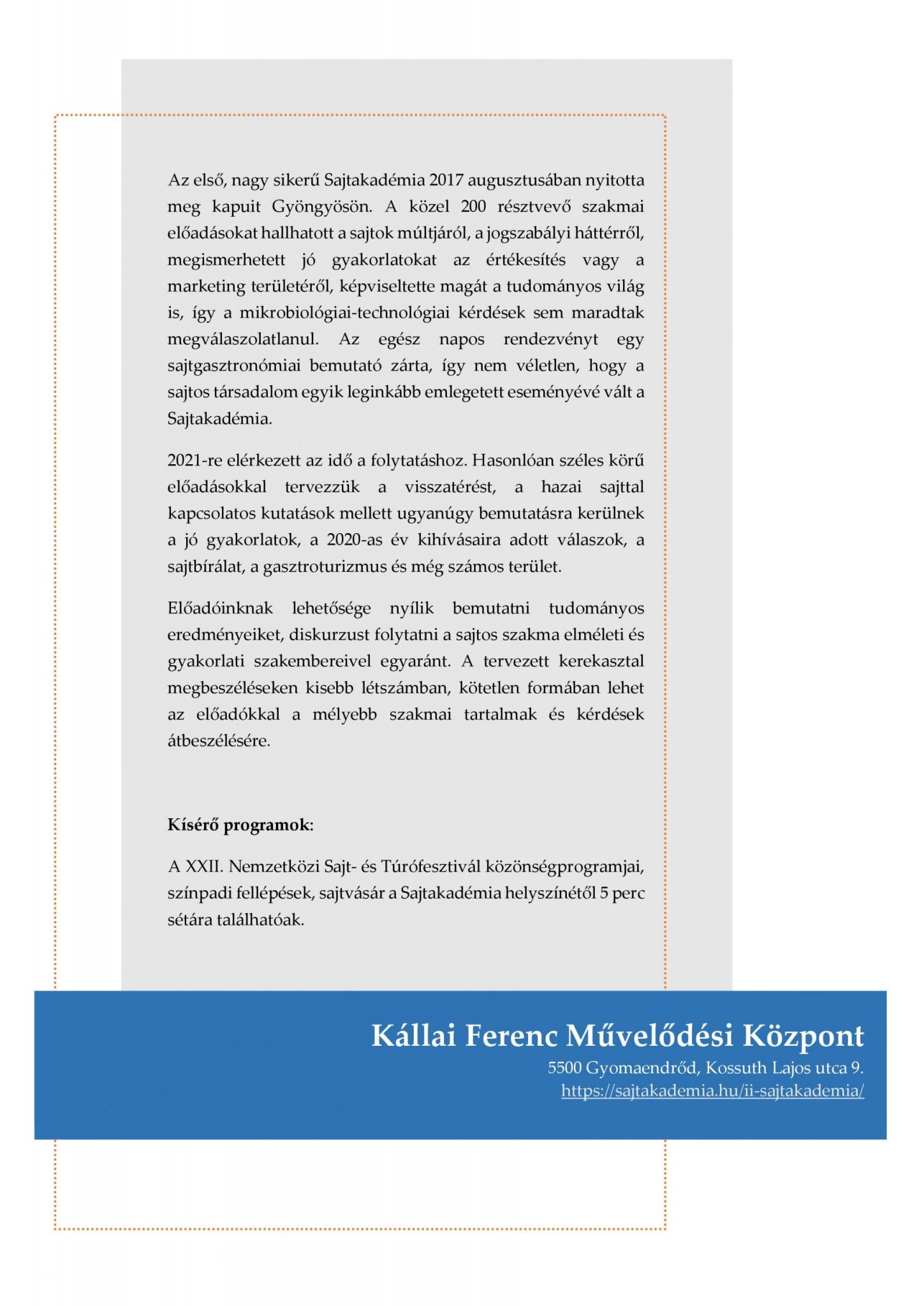 TOP-7.1.1-16-H-ESZA-2019-00500 - Gyomaendrődi Nemzetközi Sajt- és Túrófesztivál szakmai programja
