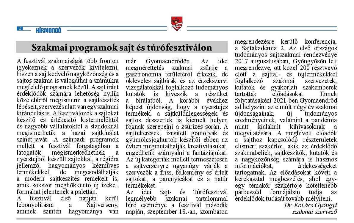 TOP-7.1.1-16-H-ESZA-2019-00500 - Gyomaendrődi Nemzetközi Sajt- és Túrófesztivál szakmai programja