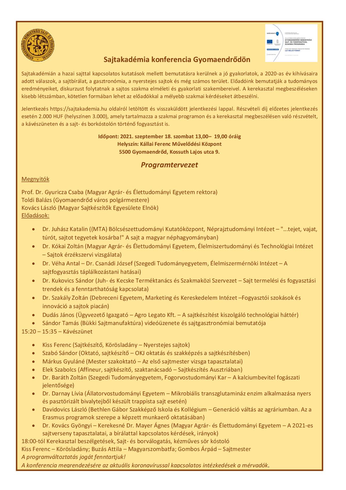 TOP-7.1.1-16-H-ESZA-2019-00500 - Gyomaendrődi Nemzetközi Sajt- és Túrófesztivál szakmai programja